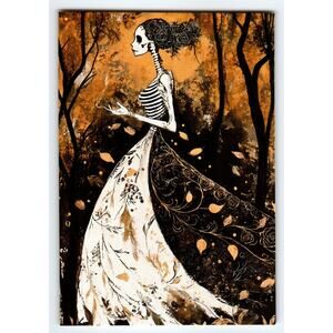 Vintage Halloween Skeleton Lady Photochrome Postcard 5.5x4 in